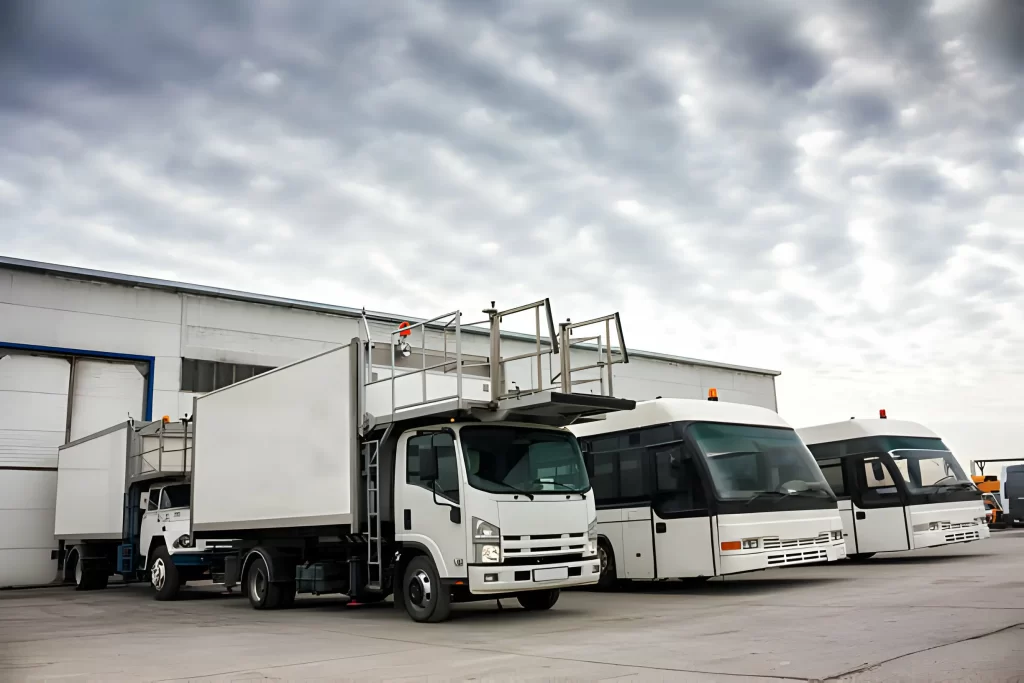 ucks and buses parked outside a large warehouse under a cloudy sky, representing truck rental Dubai and an organized industrial environment.