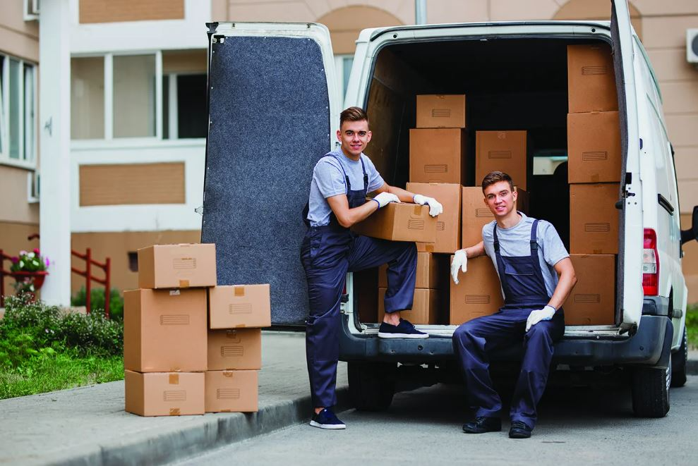 Two workers in blue uniforms load cardboard boxes into a white van parked outside an apartment building, representing pickup truck delivery Dubai services and conveying teamwork and productivity.