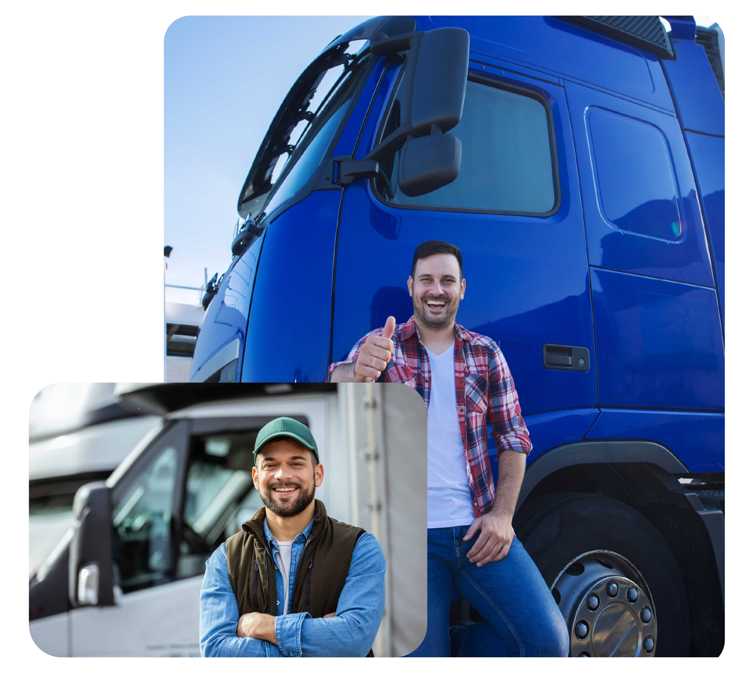 Two men smiling confidently stand beside large trucks — one leaning on a blue truck in a plaid shirt and the other by a gray truck in a cap and jacket, representing teamwork and trust — About Us | Trucking Company in UAE.