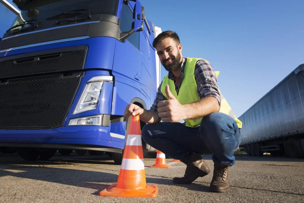 A man in a safety vest and cap squats beside an orange traffic cone in front of a blue truck, smiling and giving a thumbs-up, representing logistics services in Dubai.