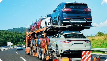 A car carrier transports several vehicles on a sunny highway. The surrounding lush greenery and clear sky suggest a peaceful, efficient journey.
