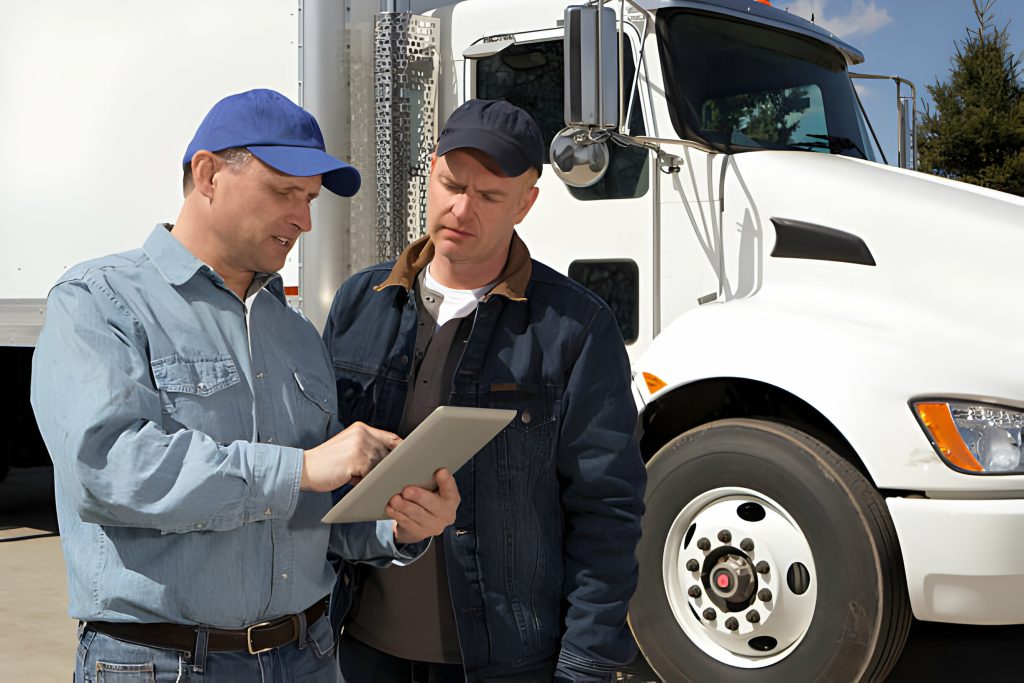 Two men wearing caps discuss a clipboard in front of a white truck, symbolizing teamwork, coordination, and reliability, About Us | Trucking Company in UAE.