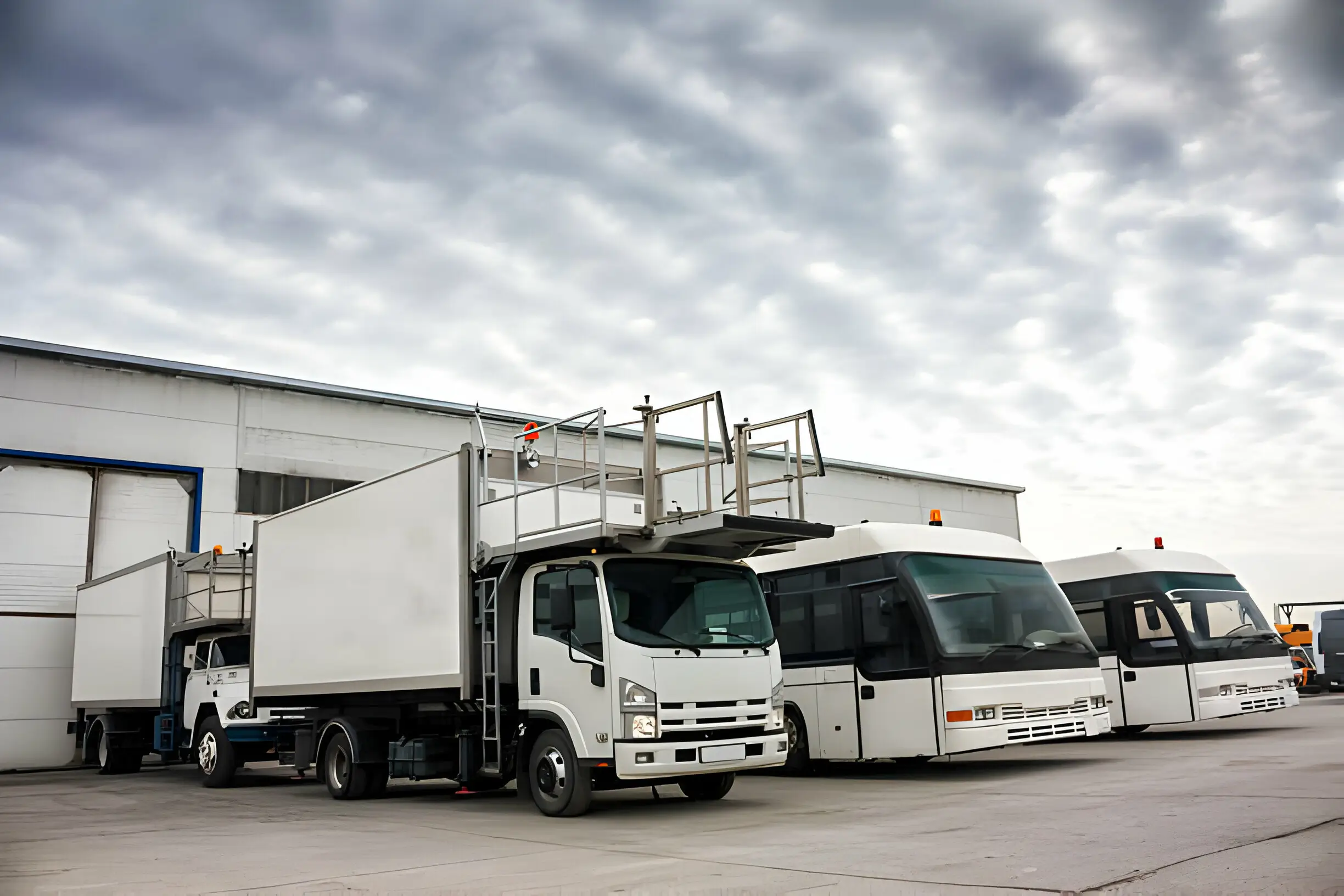 Three large trucks are parked in front of a warehouse under a cloudy sky, representing reliable truck service in Dubai and efficient logistics operations