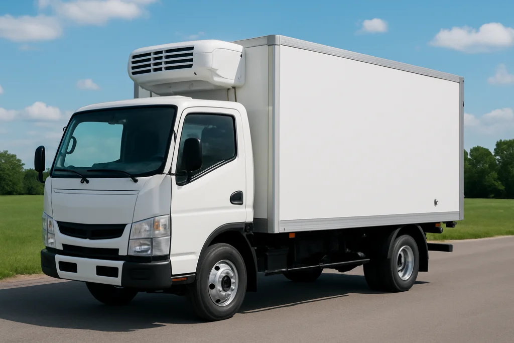 A white refrigerated delivery truck is parked on a road with green grass and trees under a clear blue sky, showcasing reliable chiller truck rental Dubai services.