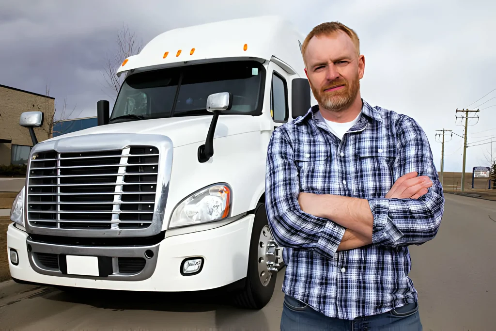 A man in a plaid shirt stands confidently with arms crossed in front of a large white truck in a parking lot under an overcast sky, showcasing reliable truck for rent services.