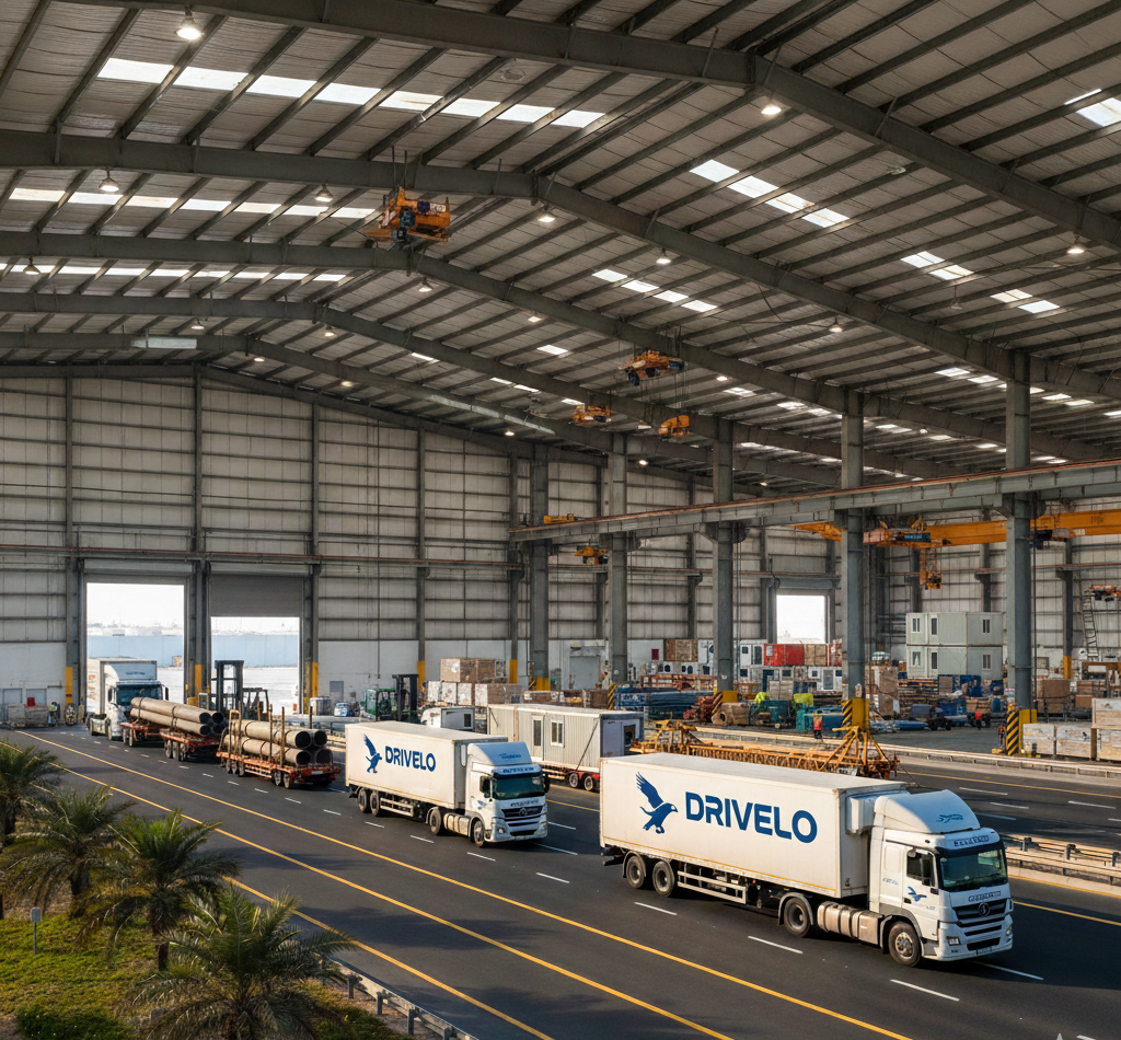 Interior of a large industrial warehouse with tall ceilings and multiple cranes. Two white trucks labeled "DRIVELO" transport large pipes on a road, surrounded by palm trees. The scene conveys efficiency and organization, highlighting a professional flatbed transport company Dubai in action