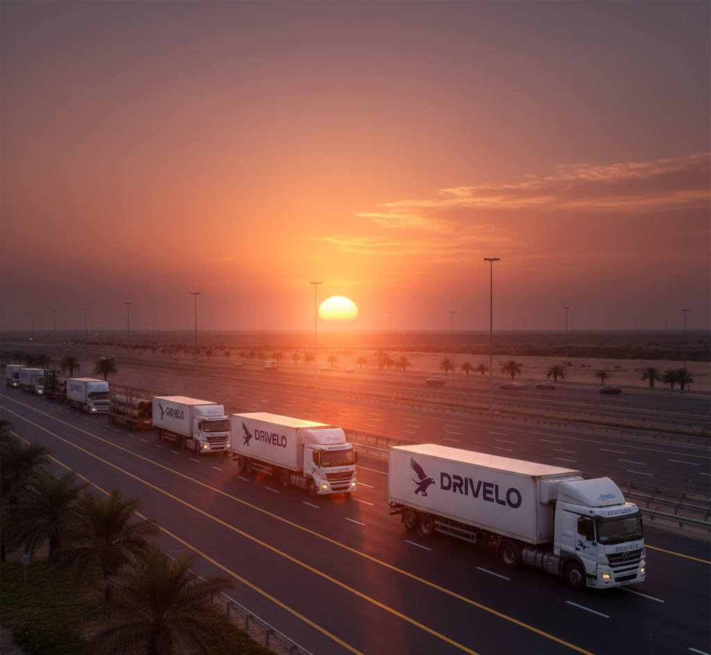 A fleet of trucks labeled "DRIVELO" travels on a highway at sunset, framed by palm trees and a vast desert. The scene conveys a serene yet purposeful journey, showcasing a professional flatbed transport company Dubai delivering cargo efficiently.